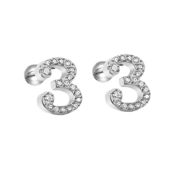 PAURO Women's Stainless Steel Minimalist Silver Plated Arabic Number Piercing Earrings Cz Micro Paving Ear Stud, Number 3