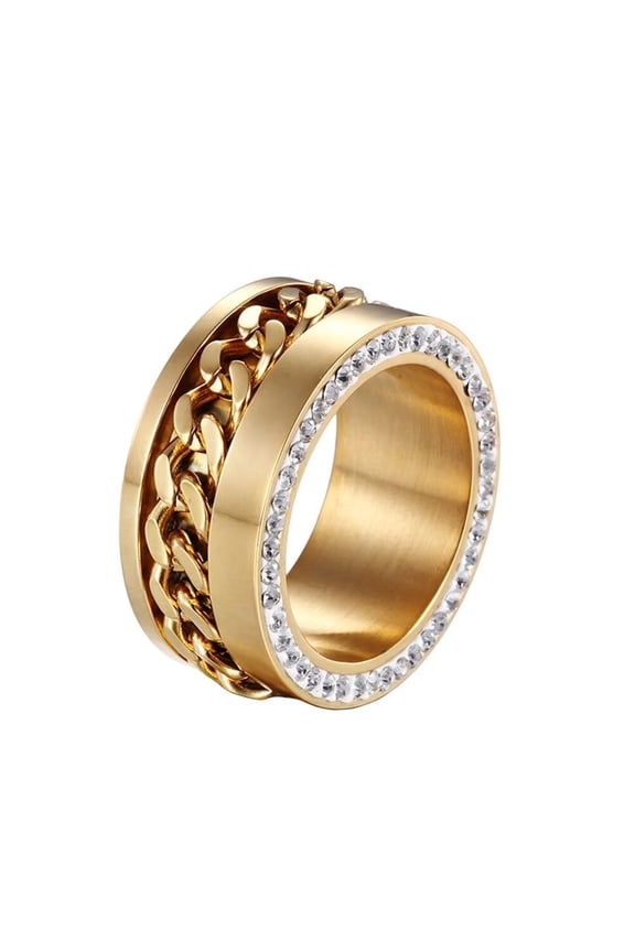 Women's Stainless Steel Rotating Chain Inlay Design Side with Zircon Wedding Band Ring Gold Size 8