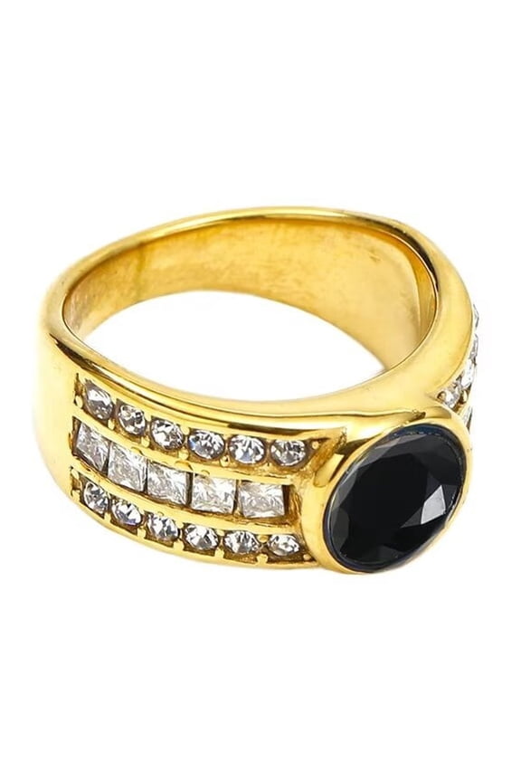 Women's Stainless Steel Round Gemstone Ring Gold Plated CZ Micro Pave Ring Black Size 8