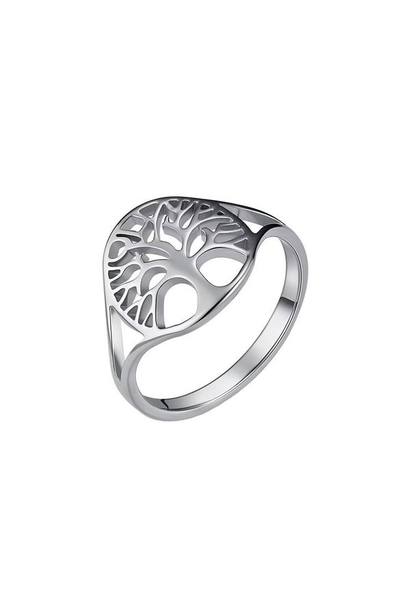 Women's Stainless Steel Simple Hollowed Tree of Life Signet Rings Wedding Band Jewelry Silver Size 5