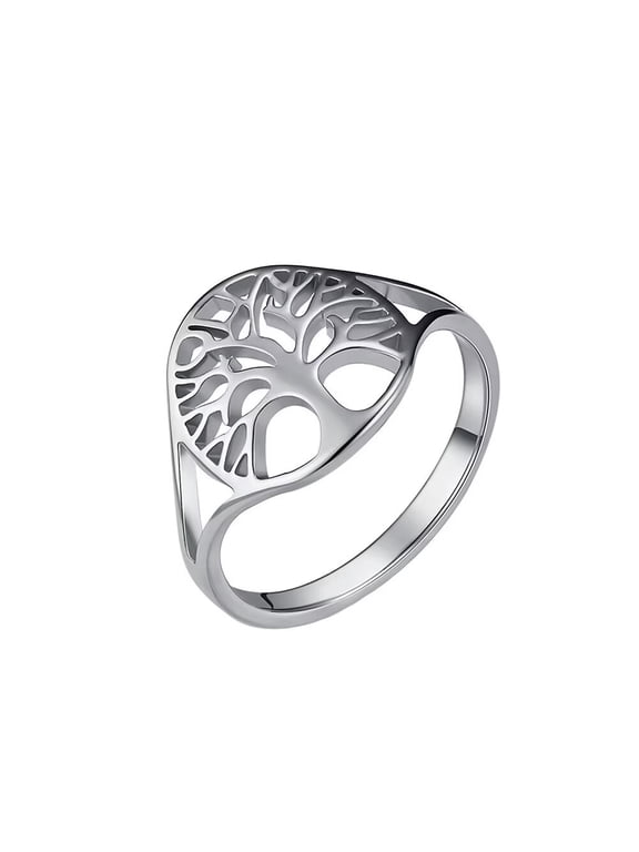 Women's Stainless Steel Simple Hollowed Tree of Life Signet Rings Wedding Band Jewelry Silver Size 9