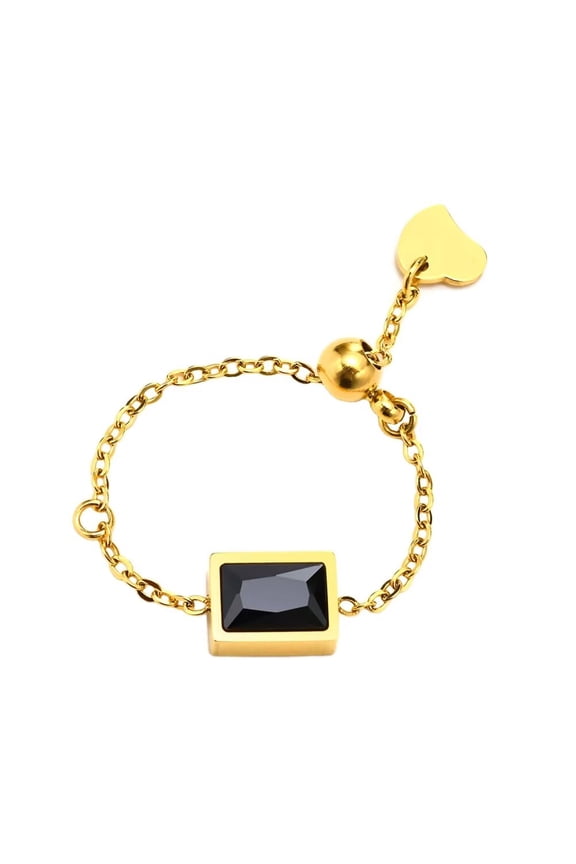 Women's Stainless Steel Stackable Chain Finger Ring Adjustable Inlaid Black Zircon Statement Ring