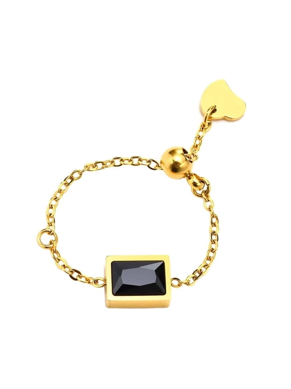 Women's Stainless Steel Stackable Chain Finger Ring Adjustable Inlaid Black Cubic Zirconia Statement Ring