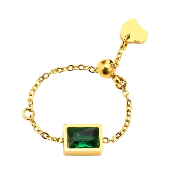 PAURO Women's Stainless Steel Stackable Chain Finger Ring Adjustable Inlaid Green Zircon Statement Ring