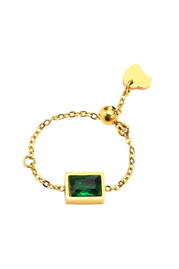Women's Stainless Steel Stackable Chain Finger Ring Adjustable Inlaid Green Zircon Statement Ring
