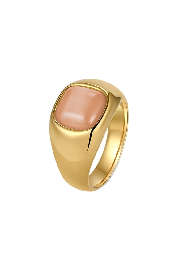Women's Stainless Steel Trendy Cat's Eye Gemstone Signet Ring Gold Plated Polished Titantium Wedding Band Jewelry Orange Size 9