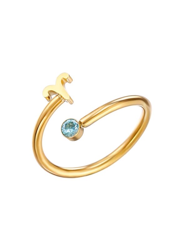Women's Stainless Steel Zodiac Sign Ring with Zirconia Adjutable Birthstone Jewelry Aries