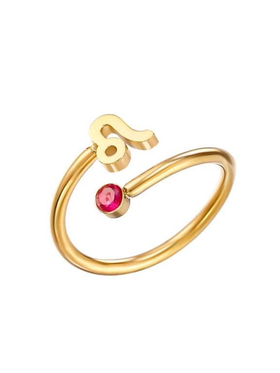 Women's Stainless Steel Zodiac Sign Ring with Zirconia Adjutable Birthstone Jewelry Leo