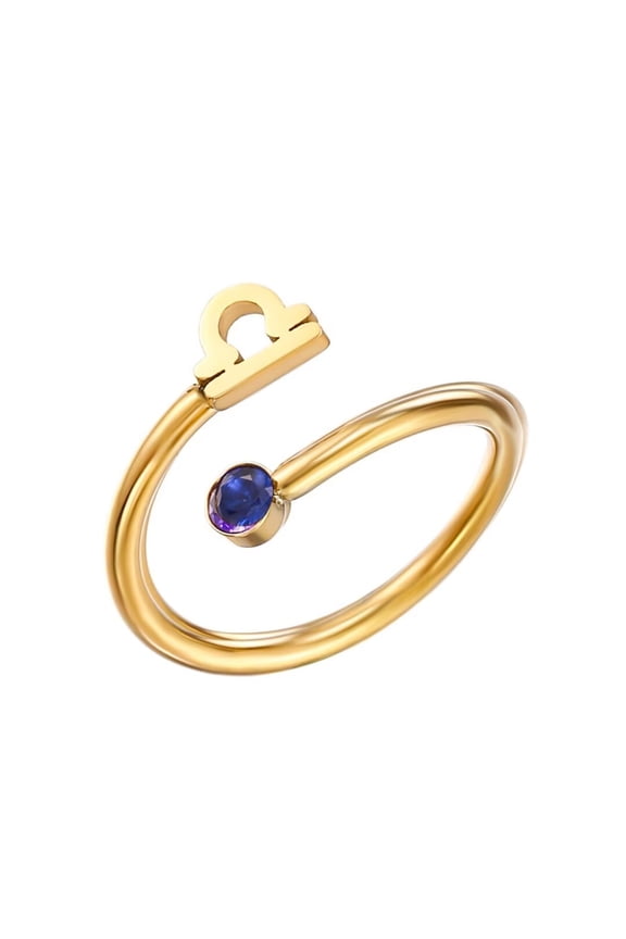 Women's Stainless Steel Zodiac Sign Ring with Zirconia Adjutable Birthstone Jewelry Libra