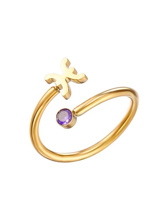Women's Stainless Steel Zodiac Sign Ring with Zirconia Adjutable Birthstone Jewelry Pisces