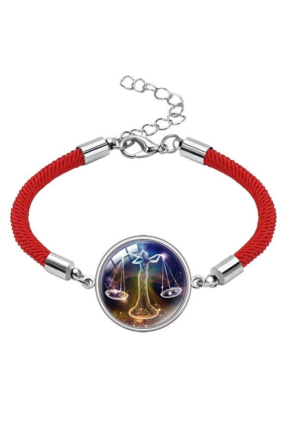 Zodiac Bracelet for Women Men 12 Constellation Matching Couple Astrology Horoscope Stainless Steel Silver Woven Milano Cord Rope Personalized Gift Jewelry Red Libra