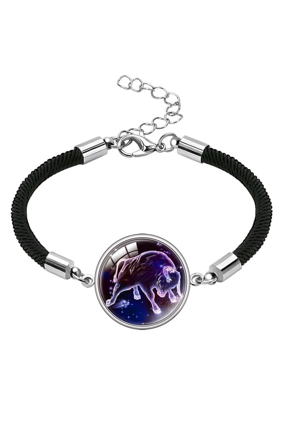 Zodiac Bracelet for Women Men 12 Constellation Matching Couple Astrology Horoscope Stainless Steel Silver Woven Milano Cord Rope Personalized Gift Jewelry Black Taurus