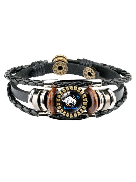 Zodiac Bracelet for Women Men Constellation Adjustable Black Cool Stainless Steel Wristband Braided Vintage Boho Multilayer Lucky Couples Astrology Simple Personalized Jewelry Taurus