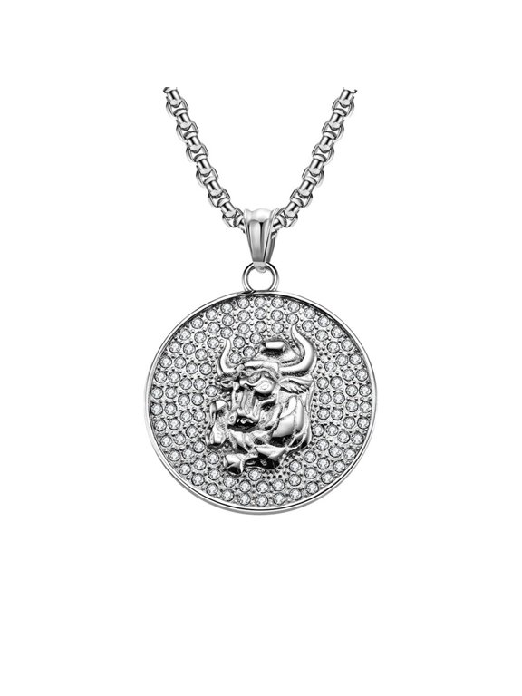 PAURO Zodiac Necklace for Men Stainless Steel Circular Pendant CZ Bold Cubic Zirconia Circle 35mm Punk Cool Astrology Horoscope Personalized Statement Gift Jewelry Silver Plated Taurus