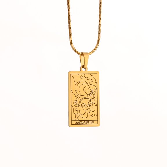 PAURO Zodiac Necklace for Women Pendant Stainless Steel Gold Plated Square 12 Constellation Horoscope Sign Gift Astrology Dainty Lucky Minimalist Personalized Gift Jewelry Aquarius
