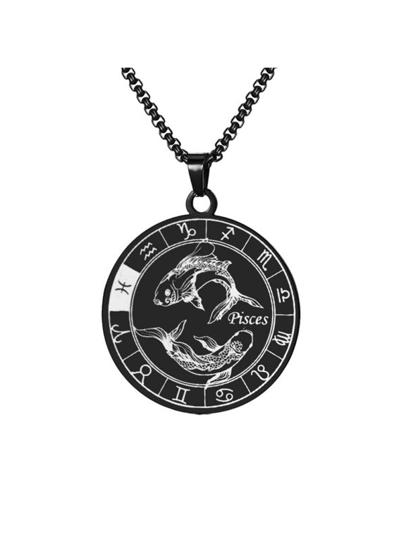 PAURO Zodiac Necklaces for Men Stainless Steel Circular Pendant Astrology Circle Simple Chain Amulet Meaningful Cool Horoscope Personalized Statement Gift Jewelry Black Pisces