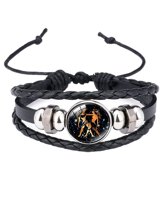 Zodiac Sign Bracelets for Men Women Couples Black Multi - layered Stainless Steel Horoscope Gifts Simple Punk Constellation Braided Wrist Adjustable Jewelry 2 Gemini