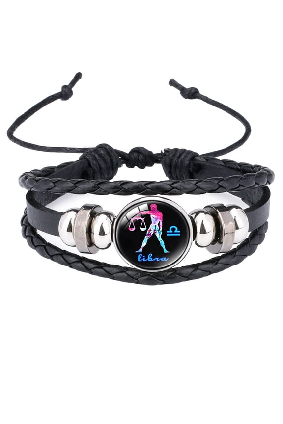 Zodiac Sign Bracelets for Men Women Couples Black Multi - layered Stainless Steel Horoscope Gifts Simple Punk Constellation Braided Wrist Adjustable Jewelry 1 Libra