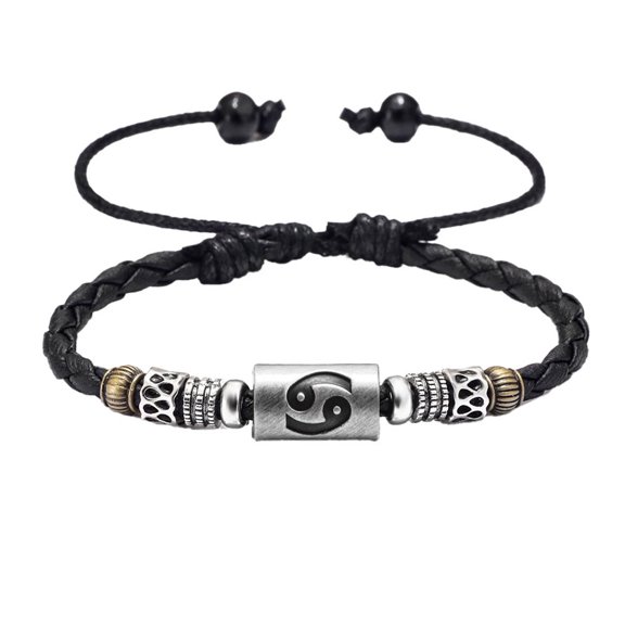 PAURO Zodiac Signs Bracelet for Women Men 12 Constellation Cuff Vintage Stainless Steel Beaded Braided Adjustable Astrology Unisex Gifts Simple Punk Cool Jewelry Silver-Cancer