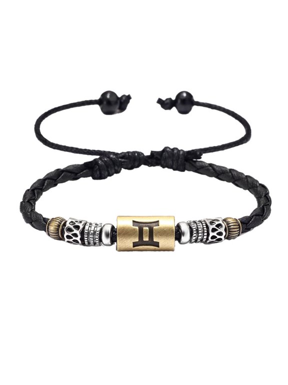 Zodiac Signs Bracelet for Women Men 12 Constellation Cuff Vintage Stainless Steel Beaded Braided Adjustable Astrology Unisex Gifts Simple Punk Cool Jewelry Gold-Gemini