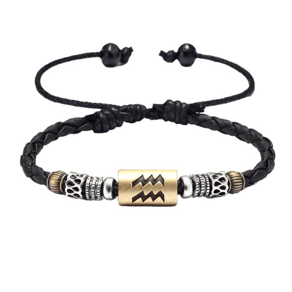 PAURO Zodiac Signs Bracelet for Women Men 12 Constellation Cuff Vintage Stainless Steel Beaded Braided Adjustable Astrology Unisex Gifts Simple Punk Cool Jewelry Gold-Aquarius