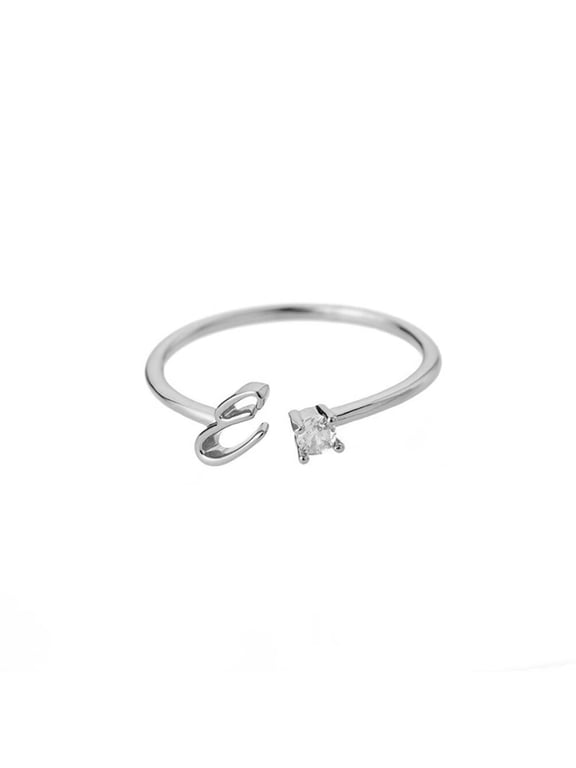 Initial Rings for Women Open Adjustable Cubic Zirconia Letter Alphabet Silver Plated Stainless Steel Jewelry Silver Letter E
