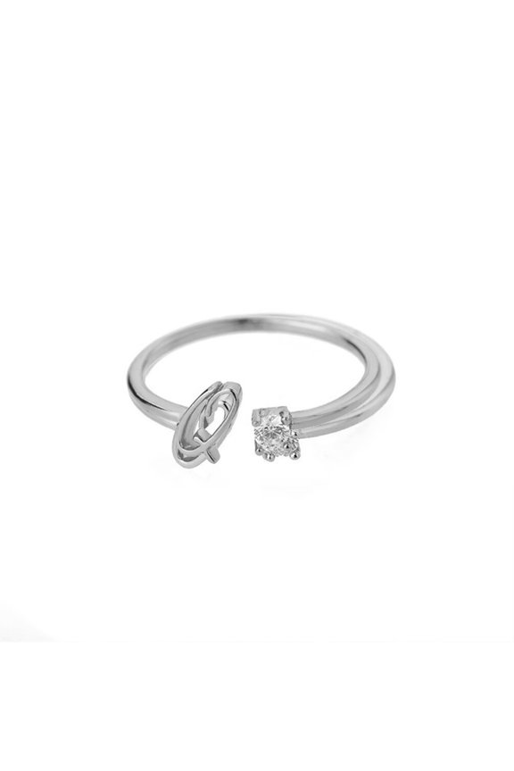 Initial Rings for Women Open Adjustable Cubic Zirconia Letter Alphabet Silver Plated Stainless Steel Jewelry Silver Letter Q