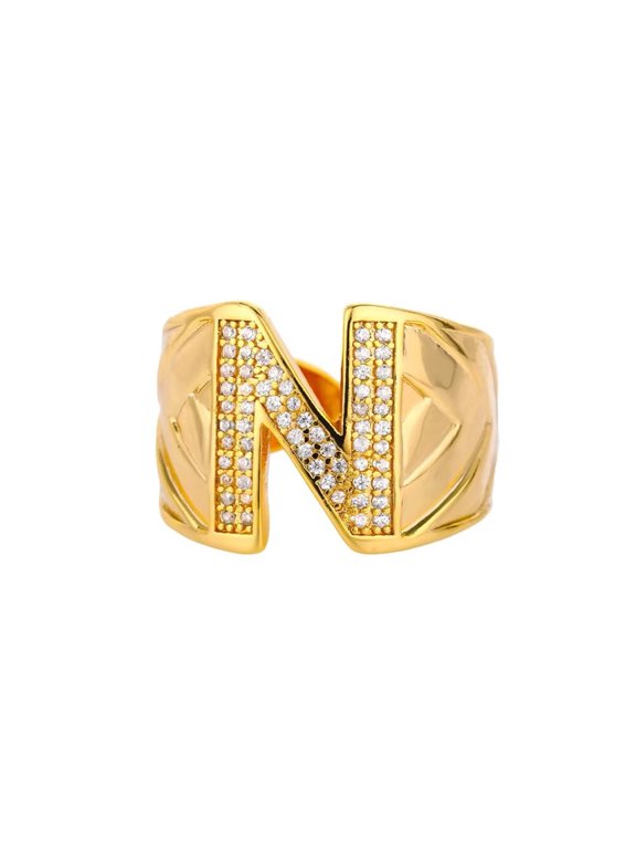 Initial Rings for Women Gold Plated Open Adjustable Cubic Zirconia Cute Name Stainless Steel Charm Statement Dainty Capital Monogram Jewelry Letter N
