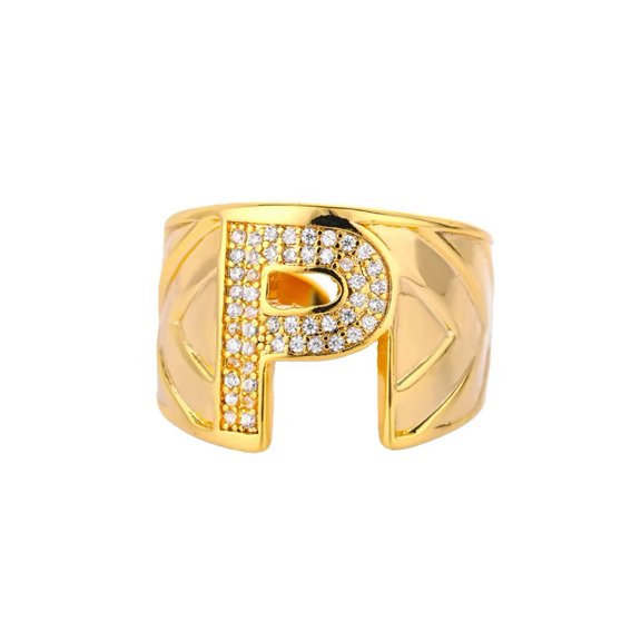 PAURO Initial Rings for Women Gold Plated Open Adjustable Letter A-Z Cubic Zirconia Cute Name Stainless Steel Charm Statement Dainty Capital Monogram Jewelry Letter P