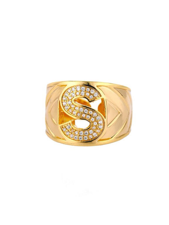 Initial Rings for Women Gold Plated Open Adjustable Letter A-Z Cubic Zirconia Cute Name Stainless Steel Charm Statement Dainty Capital Monogram Jewelry Letter S