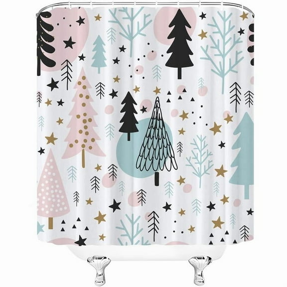 PAUSEBOLL Christmas Gnomes Shower Curtain Xmas Tree Balls Gift Boxes Winter Holiday Decorative Bath Curtain 72 x 72 Inch Polyester Fabric Waterproof Bathroom Curtain with 12 Hooks