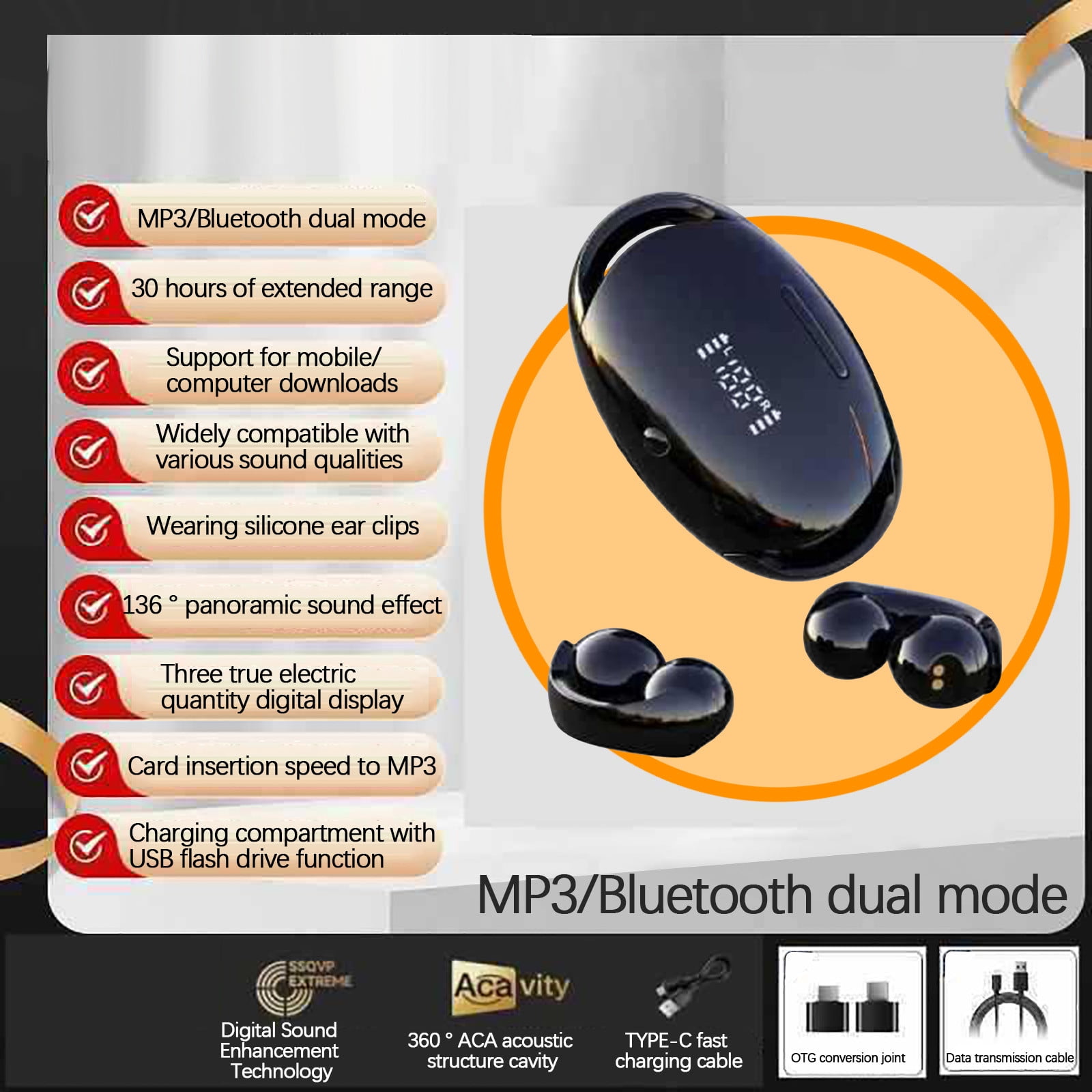 PAVEOS Bluetooth Headset Comfortable Ear Clip Style, HiFi Sound Quality