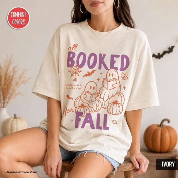 PAVIG All Booked For Fall Shirt, Bookish Ghost Halloween Garment-Dyed Tee
