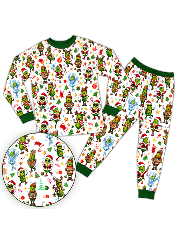 Christmas Pickle Pajama Set, Funny Pickle Santa Reindeer Elf Christmas Tree Gingerbread Candy Cane Holiday Print 2-Piece Long Sleeve Top and Pants Sleepwear