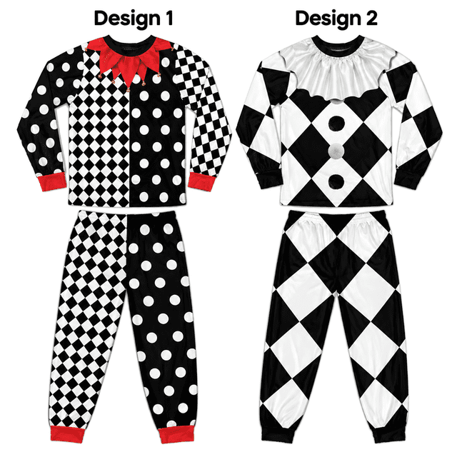 PAVIG Clown Jester Pajama Set, Black White Checker Polka Dot Ruffle ...