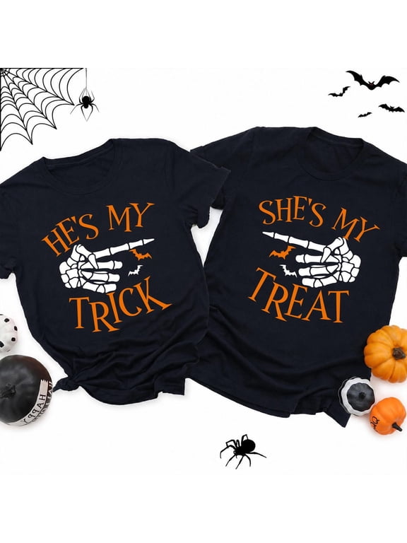 He's My Trick She's My Treat Halloween Couple Matching Skeleton Tee