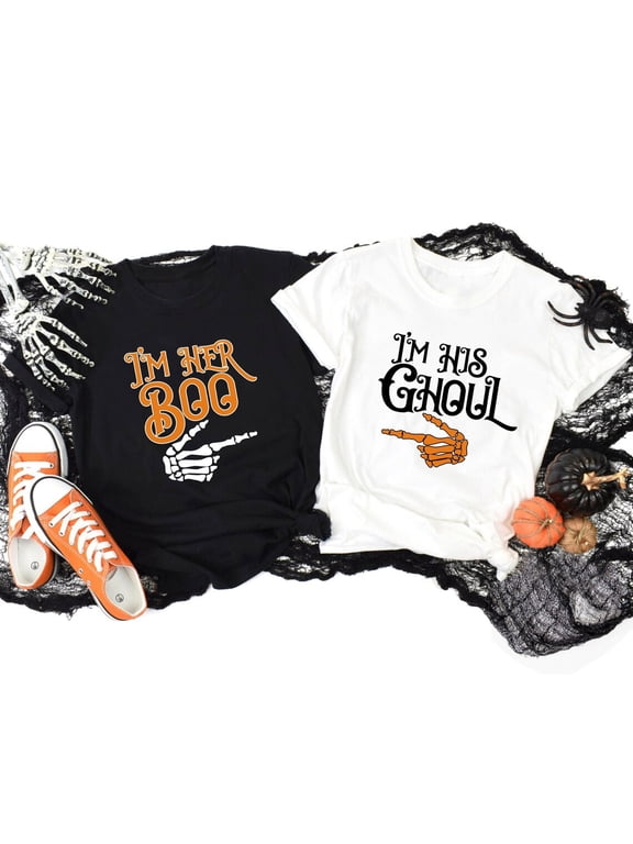 Her Boo His Ghoul Halloween Couple Matching Shirt, Skeleton Tee