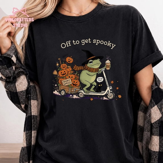 PAVIG Off To Get Spooky Frog Shirt, Vintage Halloween Scooter Pumpkin Tee