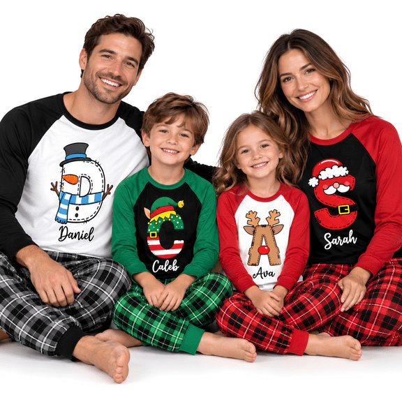 PAVIG Personalized Christmas Letter Pajama Set, Custom Name Matching Family Holiday Sleepwear with Plaid Pants, Raglan Long Sleeve 2-Piece Pajama Set