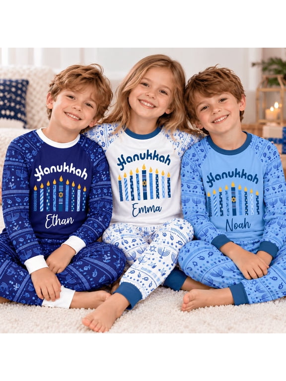 Personalized Hanukkah Pajama Set, Custom Name Jewish Holiday Festival of Lights 2-Piece Long Sleeve Top and Pants Sleepwear, Blue White Fair Isle Dreidel Star of David Long Pajama Set