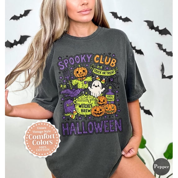 PAVIG Spooky Club Halloween Shirt, Ghost Pumpkin Witch Garment-Dyed Tee