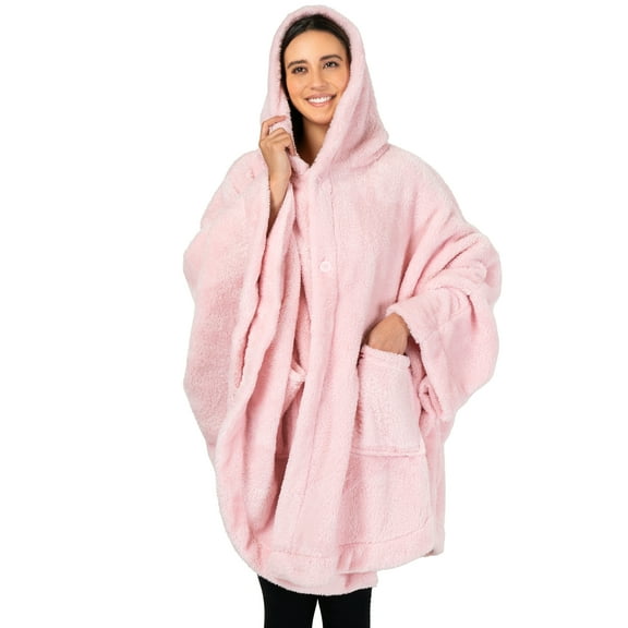 PAVILIA Angel Wrap Hooded Blanket Poncho, Wearable Blanket Throw Wrap Poncho for Women Adult, Cozy Fluffy Sherpa Fleece Shawl Cape with Hood pockets, Warm Gift for Mom Wife, Light Pink
