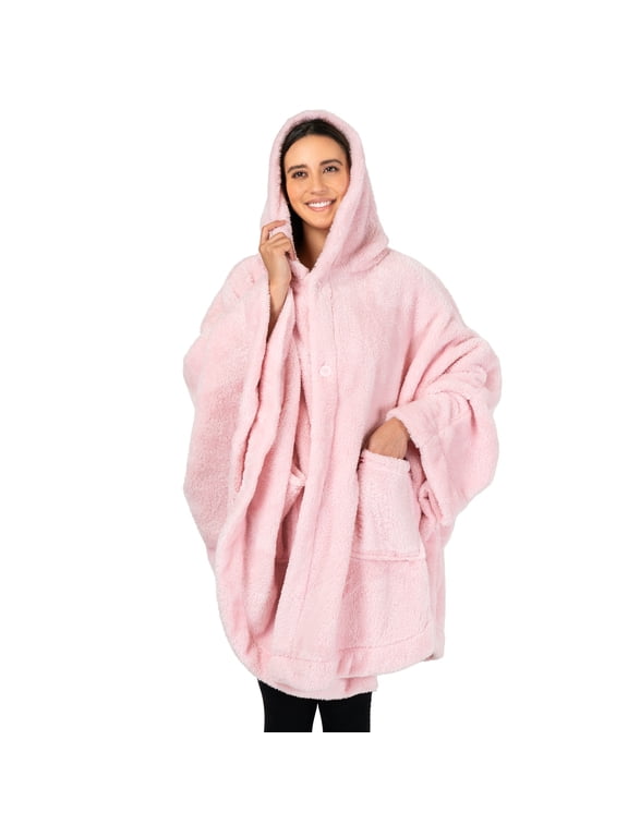 Angel Wrap Hooded Blanket Poncho, Wearable Blanket Throw Wrap Poncho for Women Adult, Cozy Fluffy Sherpa Fleece Shawl Cape with Hood pockets, Warm Gift for Mom Wife, Light Pink