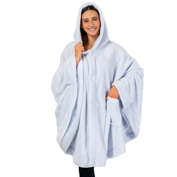 PAVILIA Angel Wrap Hooded Blanket Poncho, Wearable Blanket Throw Wrap Poncho for Women Adult, Cozy Fluffy Sherpa Fleece Shawl Cape with Hood pockets, Warm Gift for Mom Wife, Light Blue