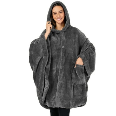 PAVILIA Angel Wrap Hooded Blanket Poncho, Wearable Blanket Throw Wrap Poncho for Women Adult, Cozy Fluffy Sherpa Fleece Shawl Cape with Hood pockets, Warm Gift for Mom Wife, Dark Gray