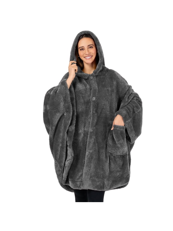 Angel Wrap Hooded Blanket Poncho, Wearable Blanket Throw Wrap Poncho for Women Adult, Cozy Fluffy Sherpa Fleece Shawl Cape with Hood pockets, Warm Gift for Mom Wife, Dark Gray