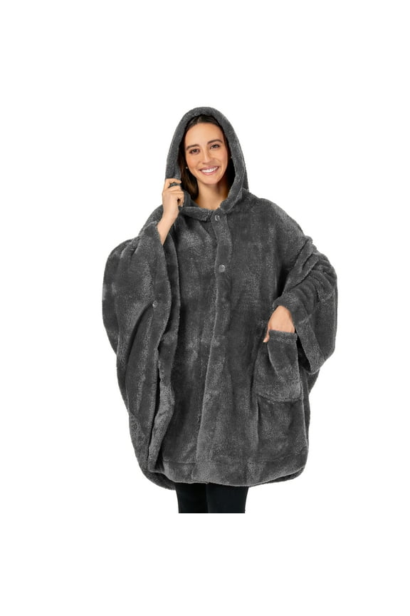 Angel Wrap Hooded Blanket Poncho, Wearable Blanket Throw Wrap Poncho for Women Adult, Cozy Fluffy Sherpa Fleece Shawl Cape with Hood pockets, Warm Gift for Mom Wife, Dark Gray