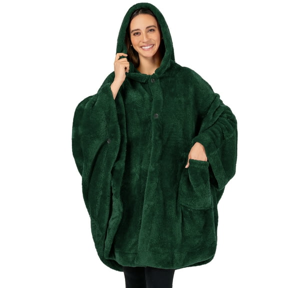 PAVILIA Angel Wrap Hooded Blanket Poncho, Wearable Blanket Throw Wrap Poncho for Women Adult, Cozy Fluffy Sherpa Fleece Shawl Cape with Hood pockets, Warm Gift for Mom Wife, Emerald Green