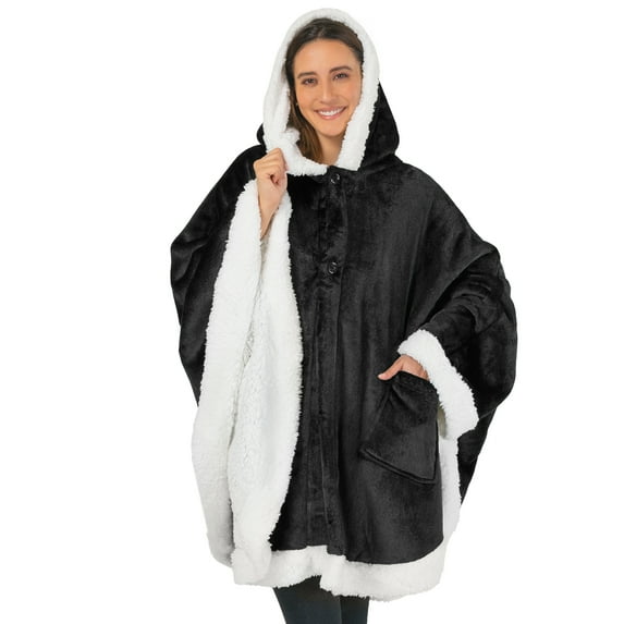 PAVILIA Sherpa Fleece Wearable Blanket for Adult Women, Cozy Plush Blanket Poncho Cape with Hood, Super Soft Shawl, Angel Wrap Throw for Office, Black