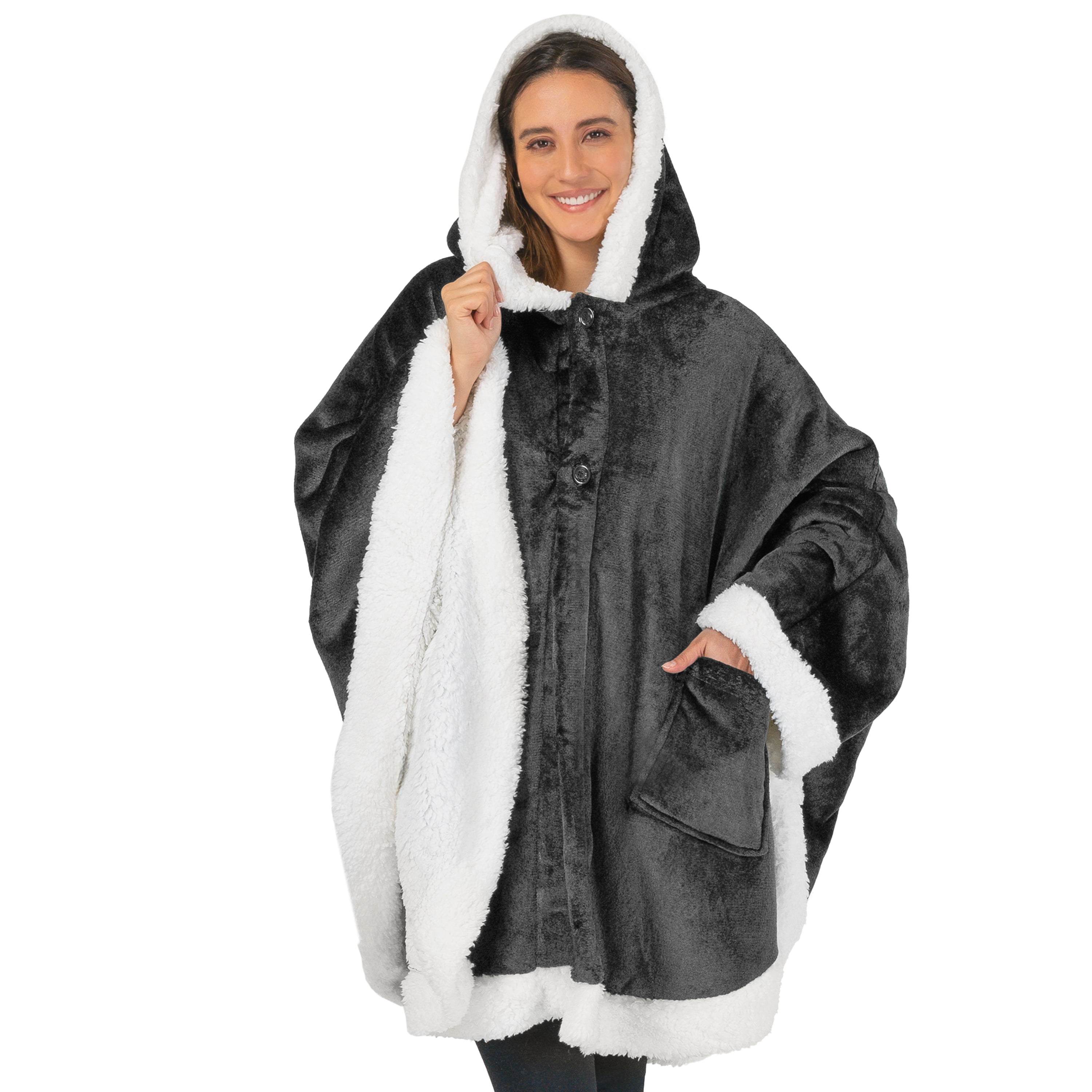 PAVILIA Sherpa Fleece Wearable Blanket for Adult Women Cozy Plush Blanket Poncho Cape with Hood Super Soft Shawl Angel Wrap Throw for Office Dark Gray Walmart